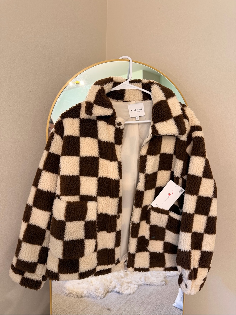 Wild Rose Brown & Cream Checkerboard Sherpa Jacket